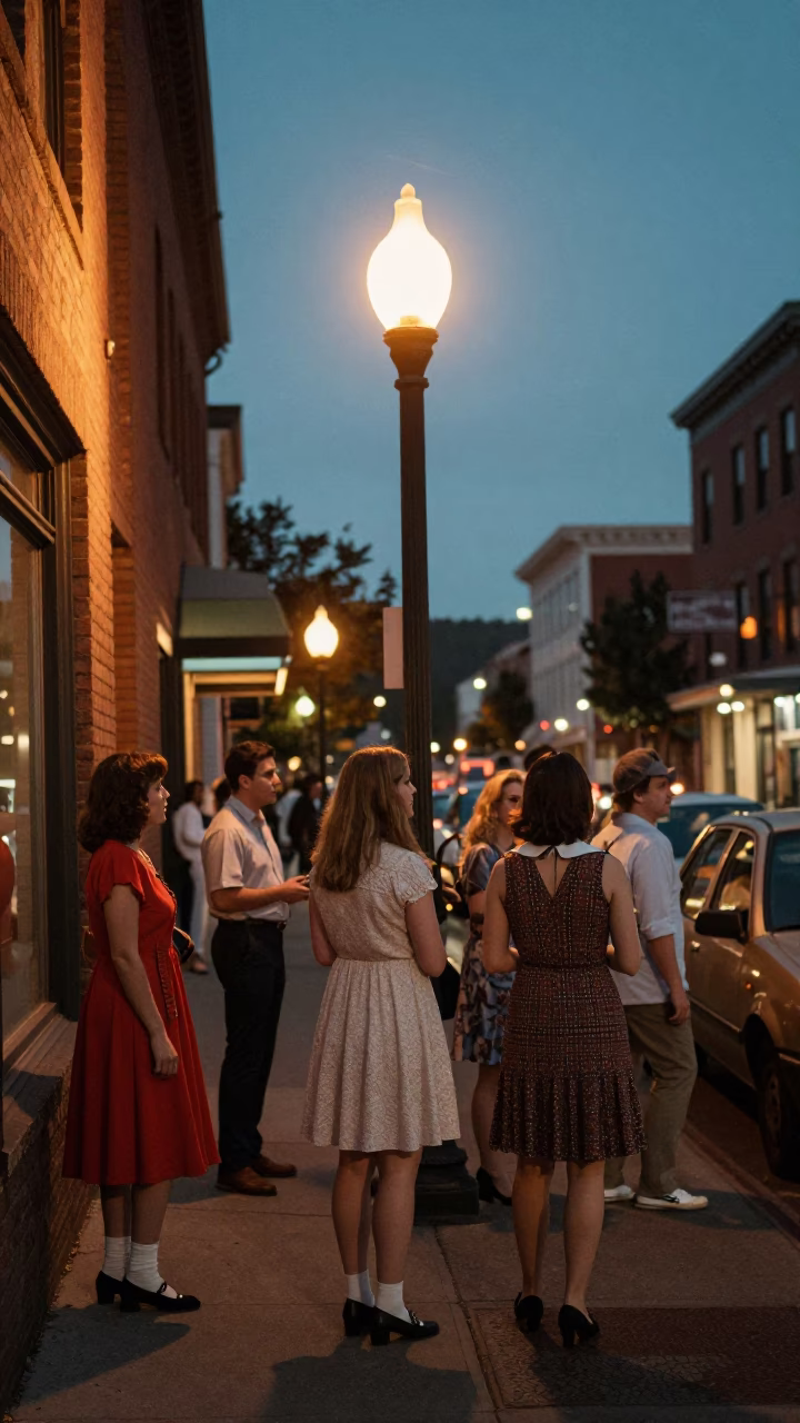 Portland Oregon Twilight Street Scene with Vintage 1960s Charm and Local Atmosphere in in Portland, Oregon, United States
