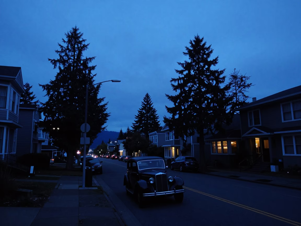 Portland Oregon Twilight Street Scene with Vintage Car and City Lights in in Portland, Oregon, United States