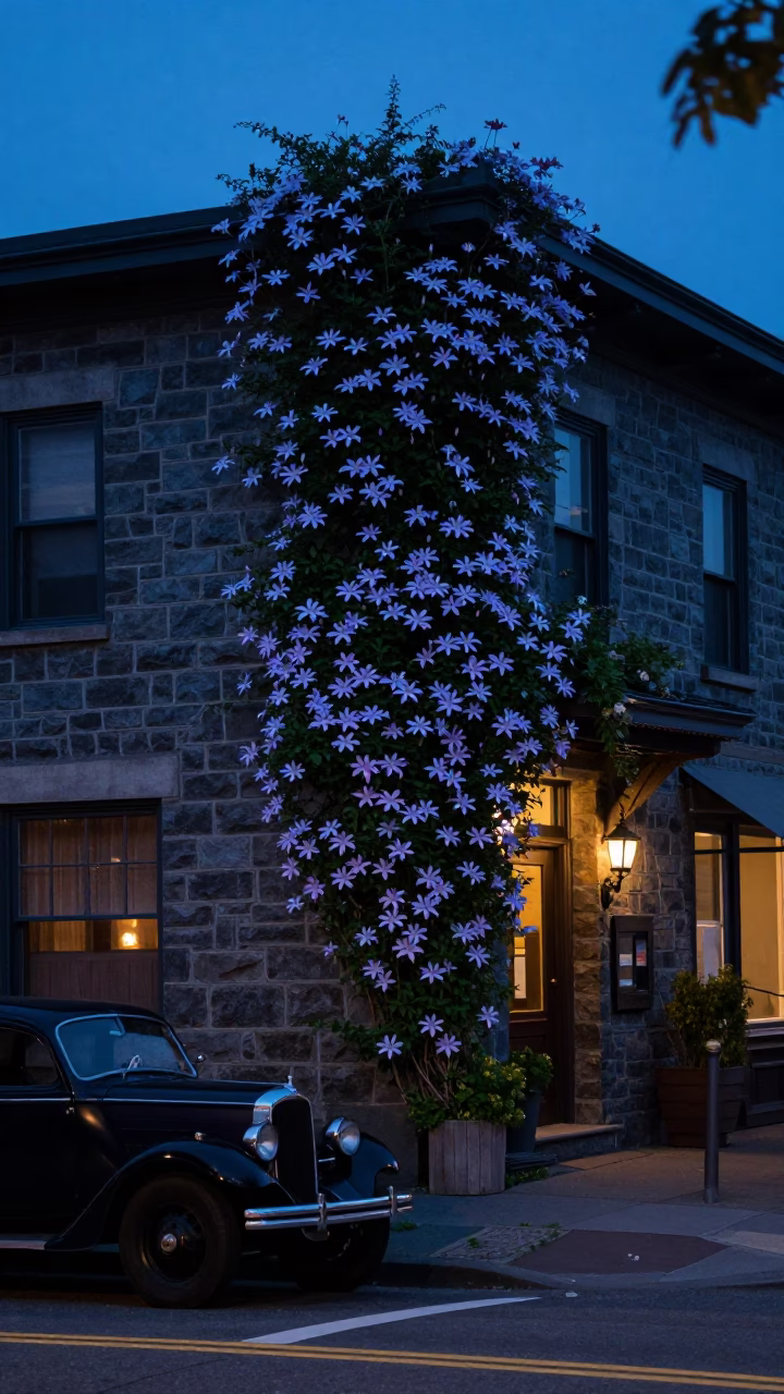 Portland Oregon Twilight Street Scene with Vintage Car and Clematis Vine in in Portland, Oregon, United States