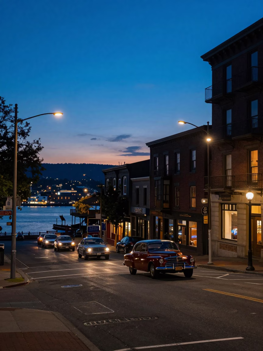 Portland Oregon Twilight Street Scene with Vintage Cars and City Lights in in Portland, Oregon, United States