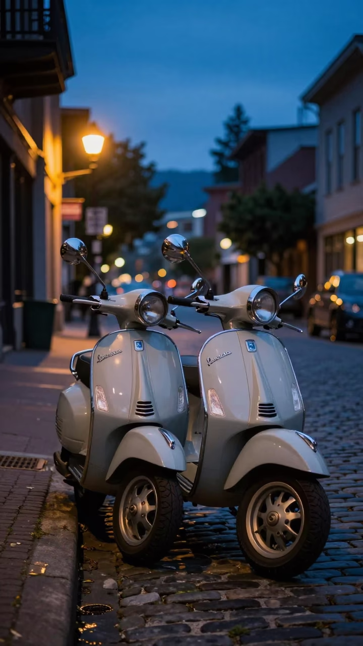 Portland Oregon Twilight Street Scene with Vintage Vespa on Cobblestone Lane in in Portland, Oregon, United States
