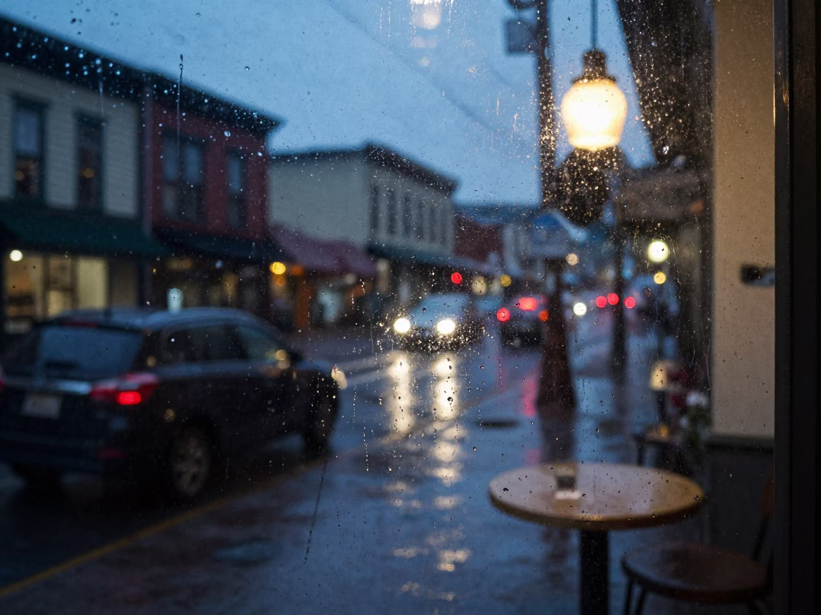 Portland Oregon Twilight Street Scene with Water Rings on Window Glass in in Portland, Oregon, United States