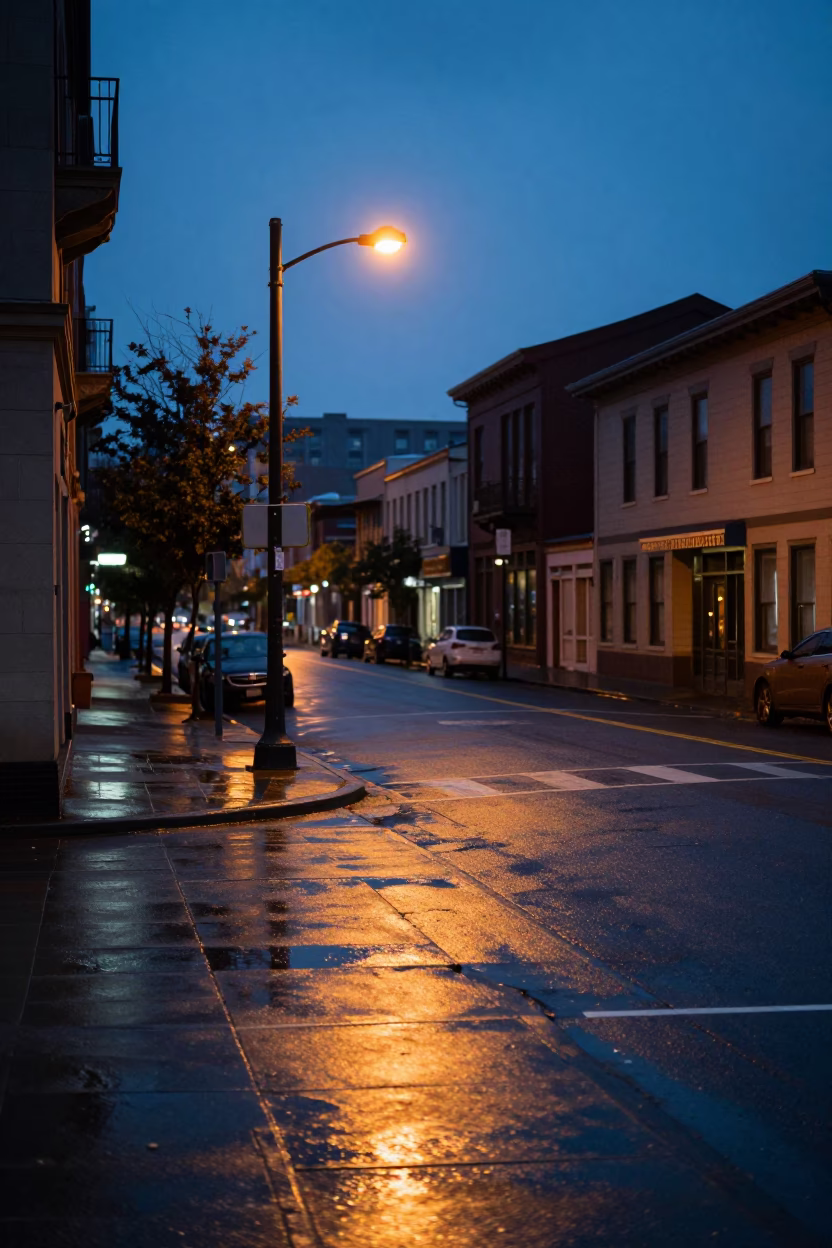 Portland Oregon Twilight Street Scene with Wet Pavement and Urban Neon Reflections in in Portland, Oregon, United States