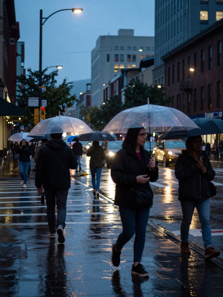 Portland Oregon Twilight Street Scene with Wet Umbrellas and City Lights in in Portland, Oregon, United States