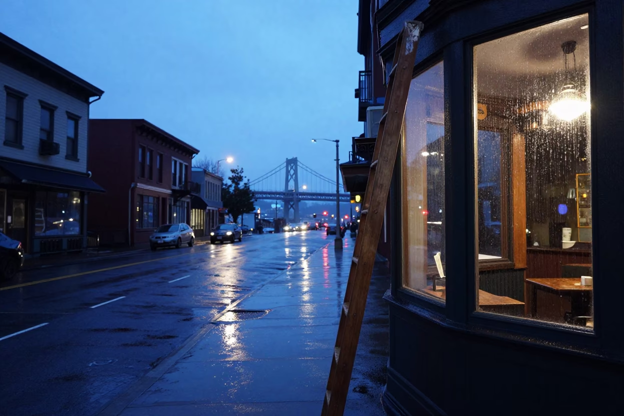 Portland Oregon Twilight Street Scene with Wooden Ladder and Rain Streaked Glass in in Portland, Oregon, United States