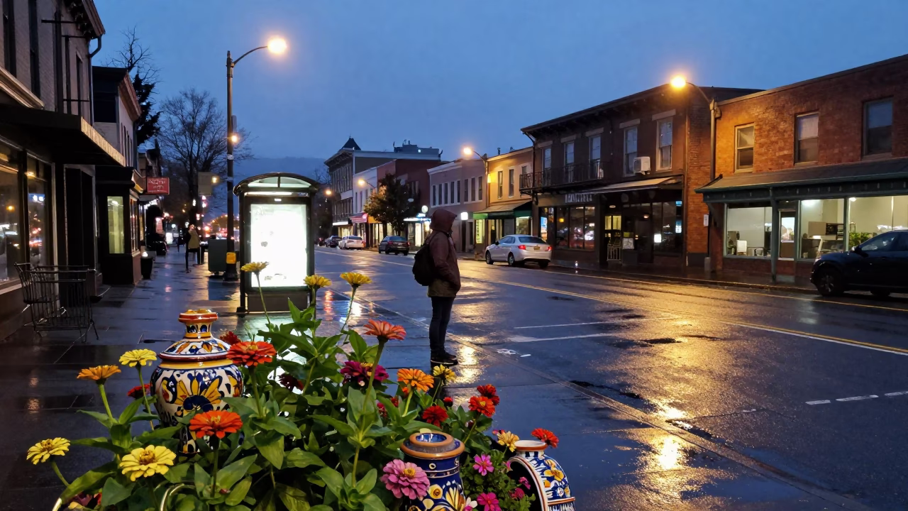 Portland Oregon Twilight Street Scene with Zinnias and Vintage Majolica Plate in in Portland, Oregon, United States