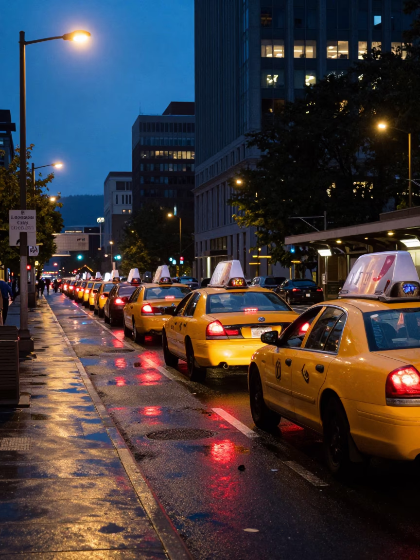 Portland Oregon Twilight Taxi Rank Outside Train Station with City Lights and Rain in in Portland, Oregon, United States