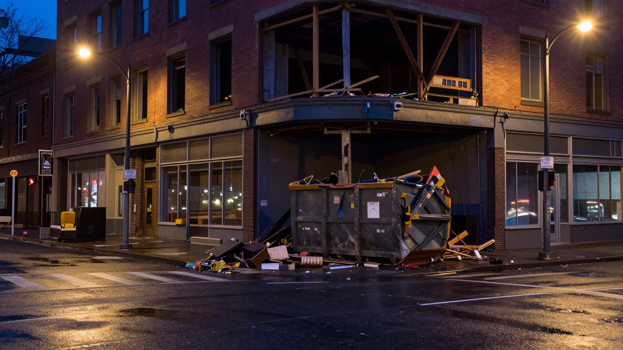 Portland Oregon Urban Night Scene with Construction Debris and Industrial Elements in in Portland, Oregon, United States