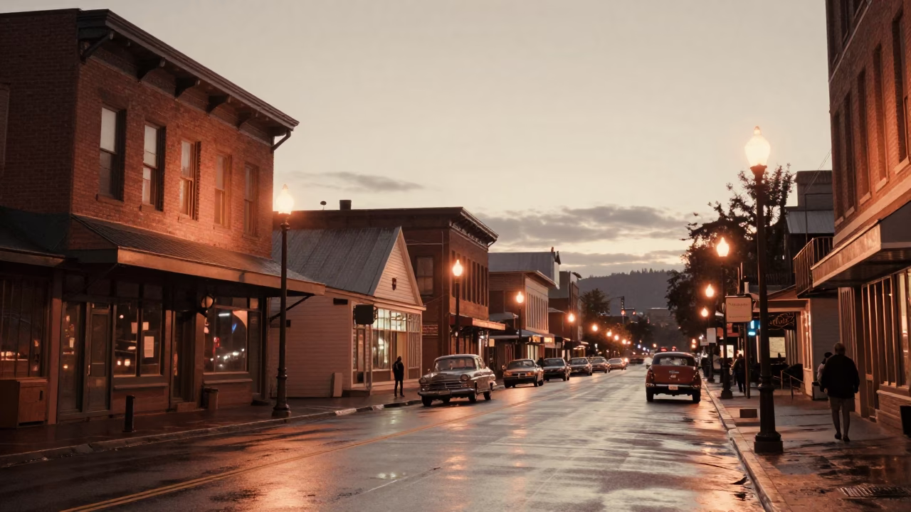 Portland Oregon Vintage 1950s Street Scene Copper Light Before Dusk in in Portland, Oregon, United States