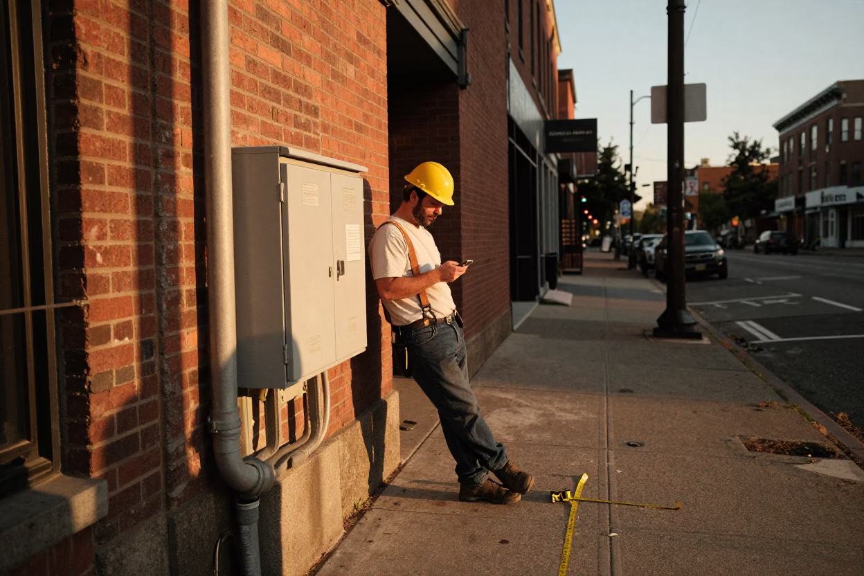 Portland Oregon Vintage Evening Street Scene with Measuring Tapes and Urban Infrastructure in in Portland, Oregon, United States