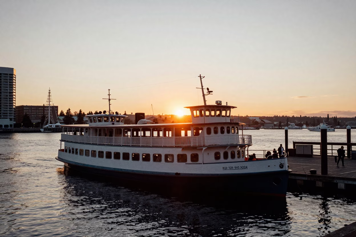 Portland Oregon Water Taxi Dock at Sunset with Vintage Freight Train and Harbor Reflections in in Portland, Oregon, United States