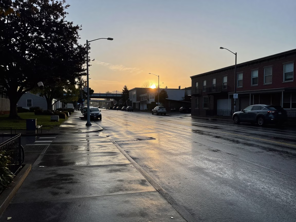 Portland Rain-slicked Street at As The Sun Drops Toward The Horizon in in Portland, Oregon, United States