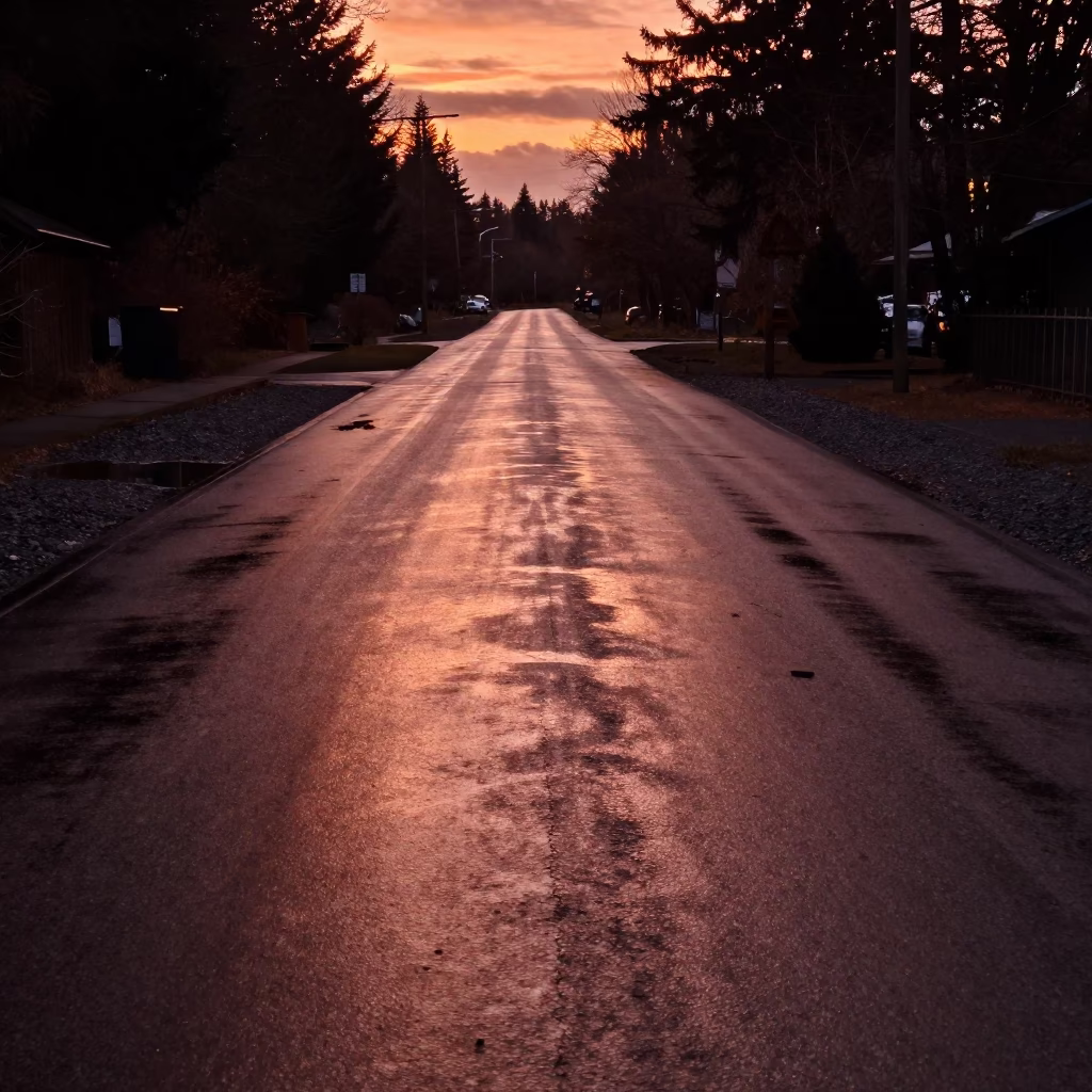 Portland Road Puddled at Copper-toned Light Before Dusk in in Portland, Oregon, United States