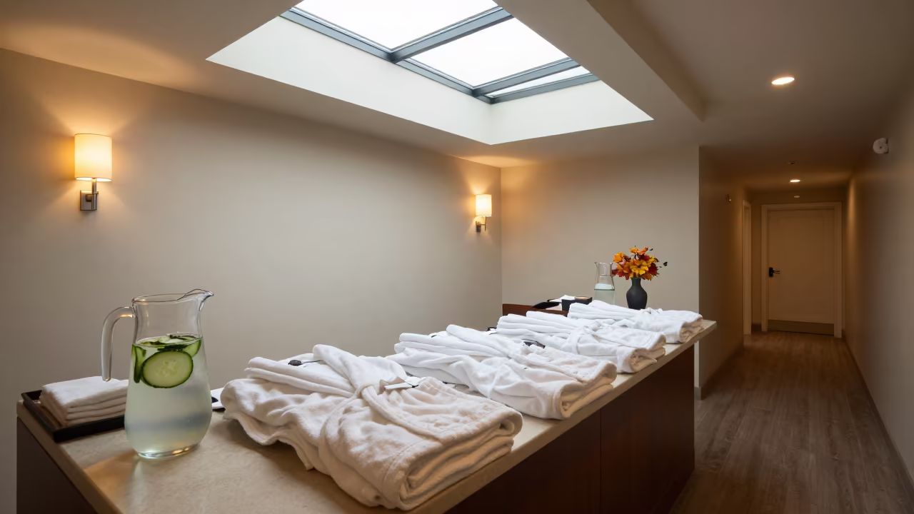 Portland Spa Counter with Robes and Cucumber Water in in a quiet guest corridor in Portland