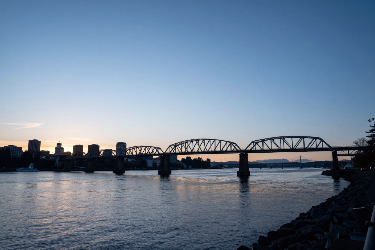 Portland Steel Bridge at Nautical Dawn Light in in Portland, Oregon, United States