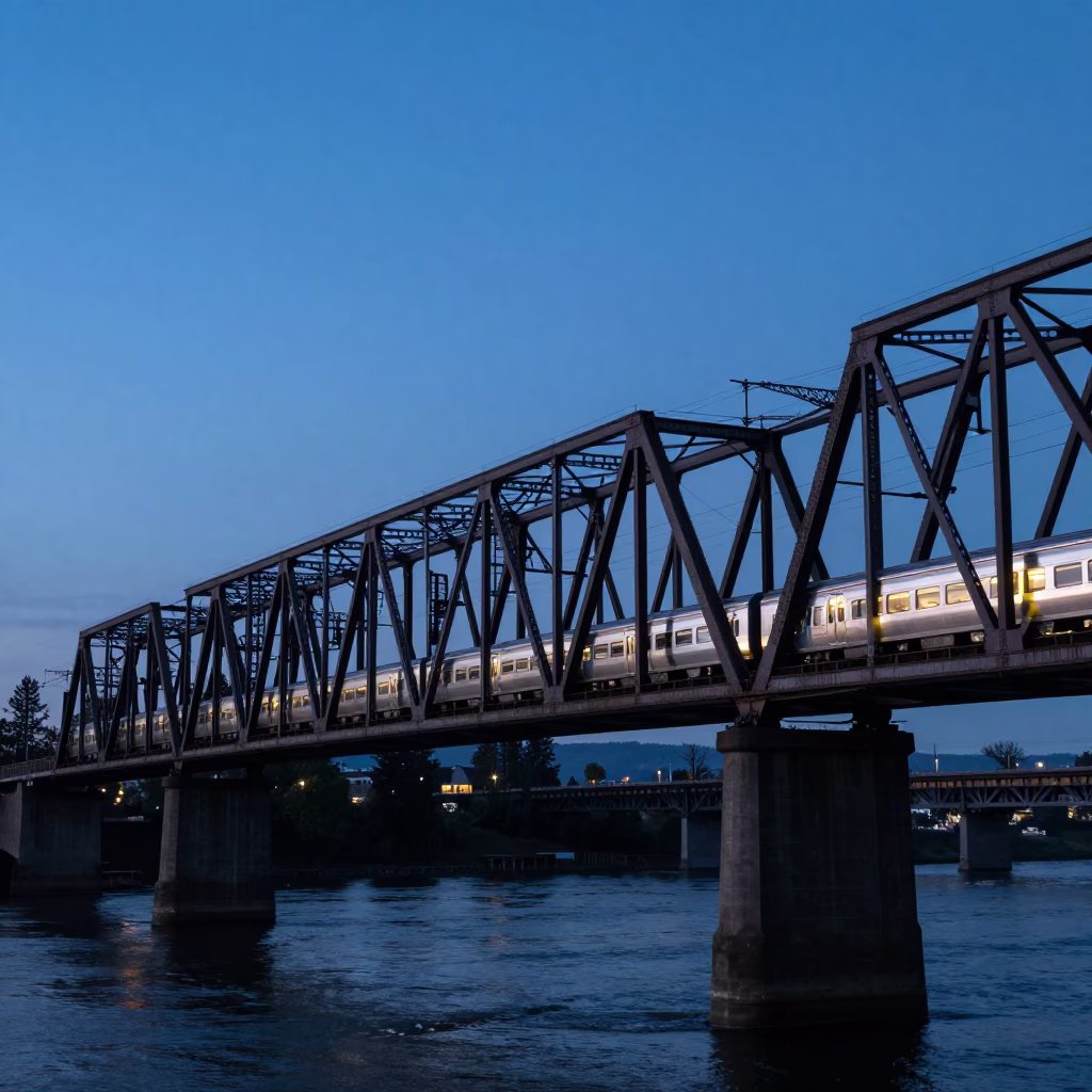 Portland Steel Bridge at The Still Hours Before Dawn Light in in Portland, Oregon, United States