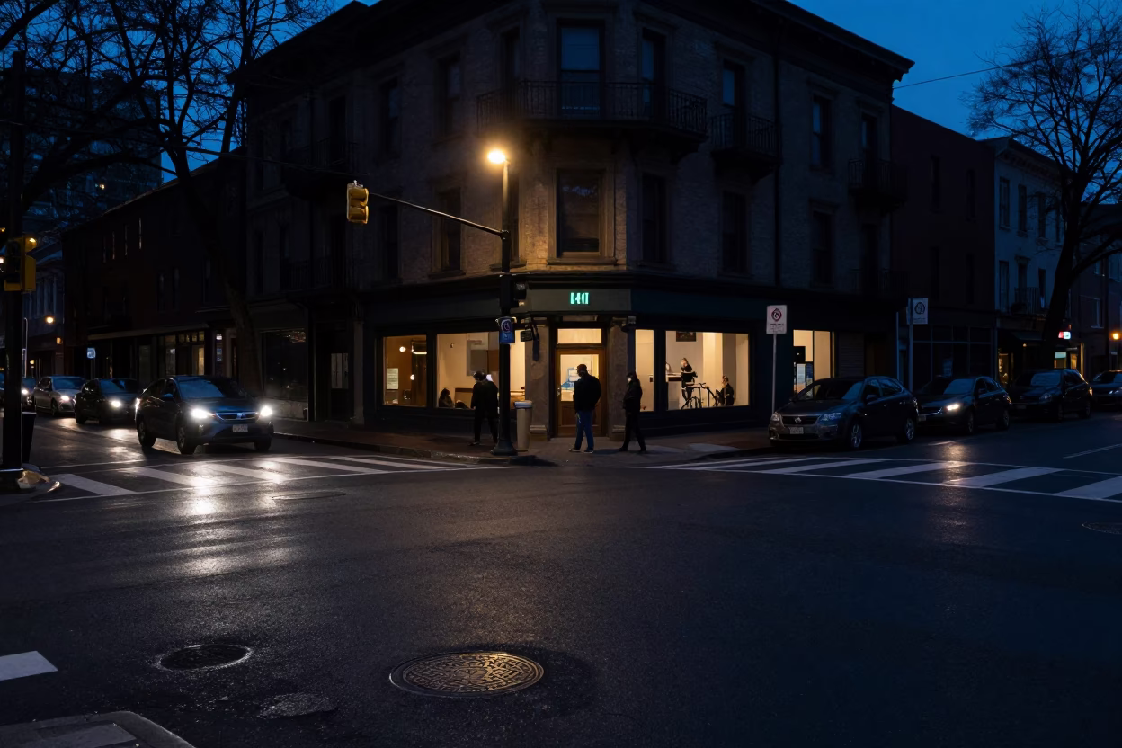 Portland Street Corner at The Predawn Darkness Light in in Portland, Oregon, United States