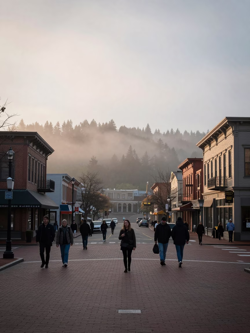 Portland Street Scene at The Early Morning Light in in Portland, Oregon, United States