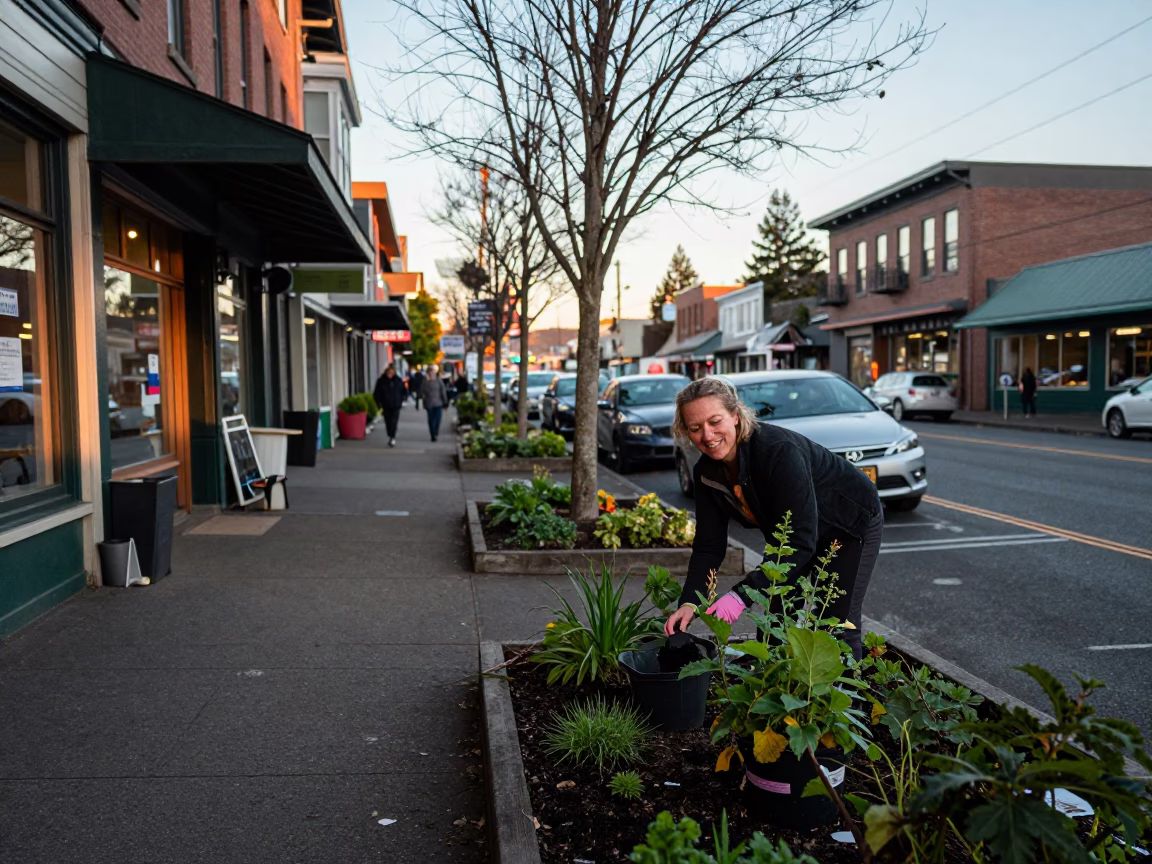 Portland Street Scene at The Early Morning Light in in Portland, Oregon, United States