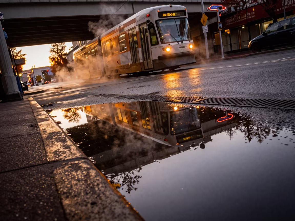 Portland Streetcar Reflection Golden Hour Puddle in beneath a flickering underpass light in Portland