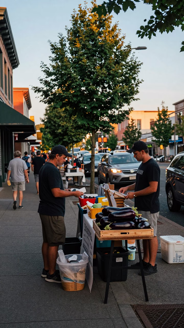 Portland Summer Evening Street Scene with Local Vendors and Pedestrians in in Portland, Oregon, United States