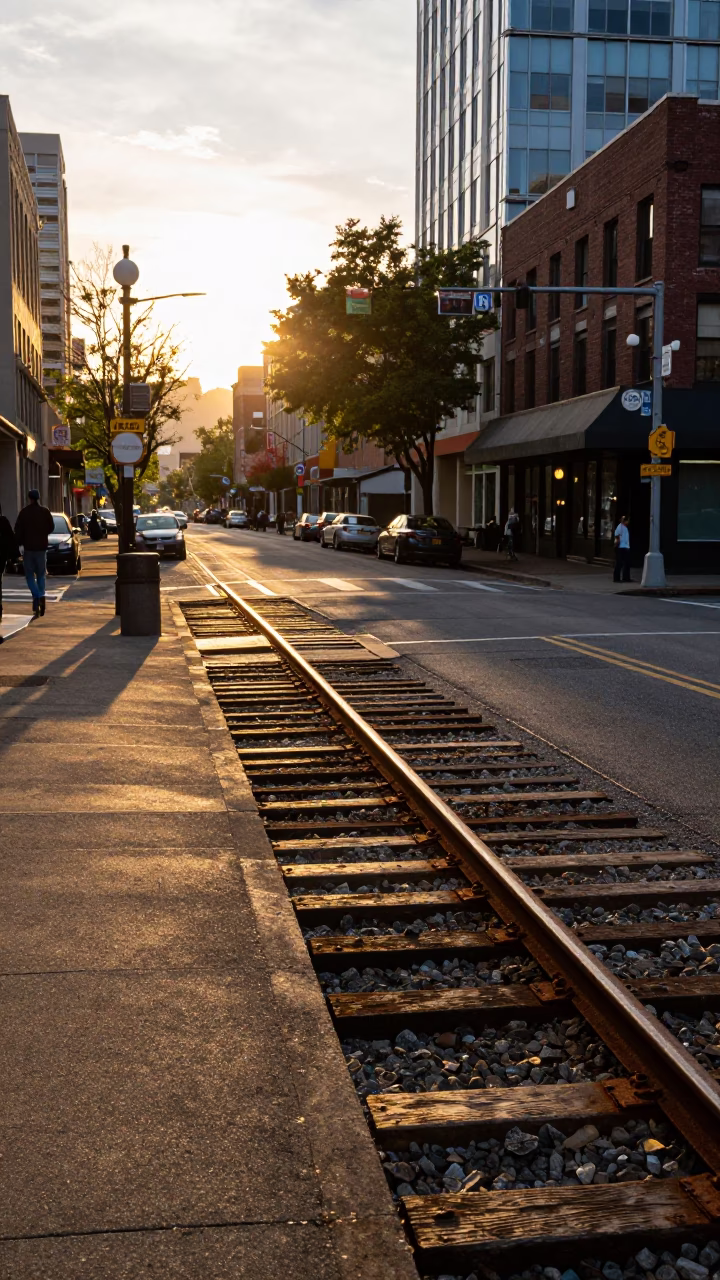 Portland Urban Life And Rusty Rail Details at Sunset Light in in Portland, Oregon, United States