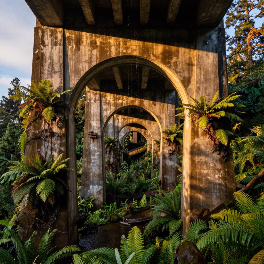 Portland Viaduct Undercroft at Honeyed Evening Light in in Portland, Oregon, United States