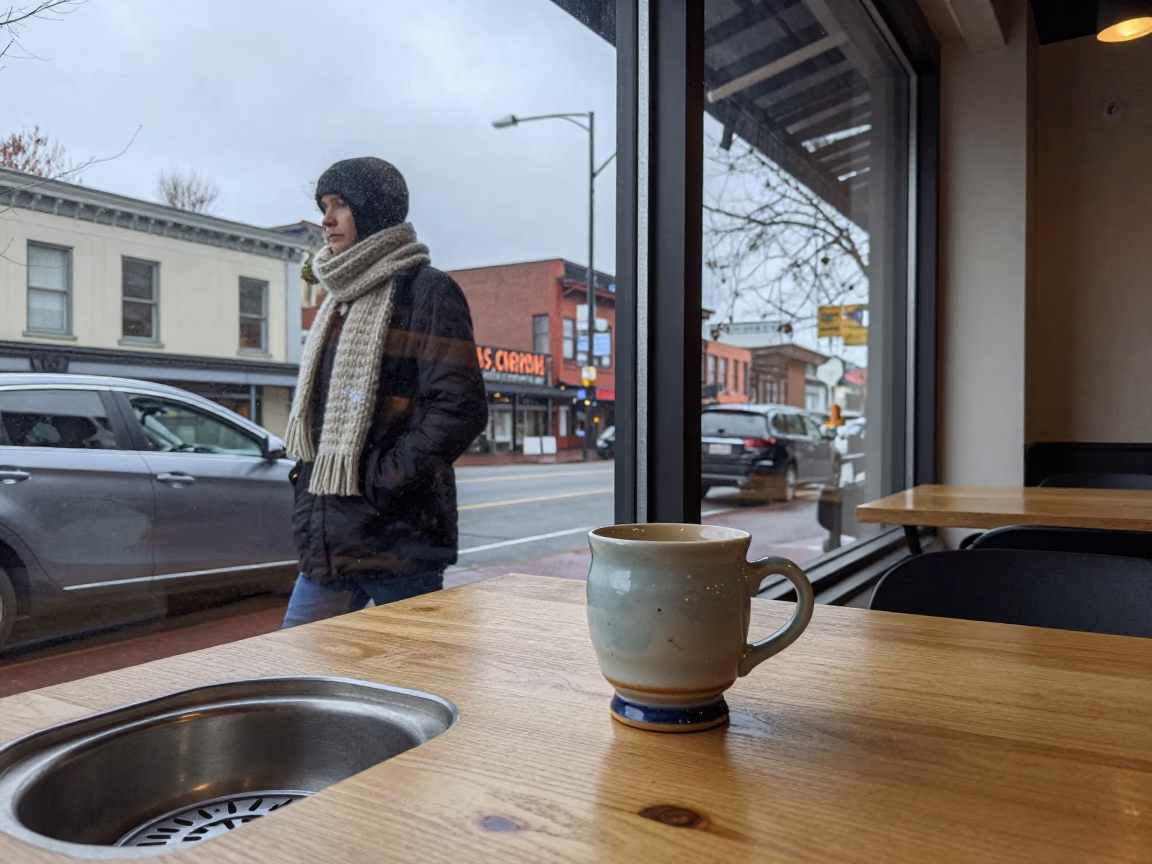 Portland Winter Noon Street Scene With Scarf And Ceramic Cup in in Portland, Oregon, United States