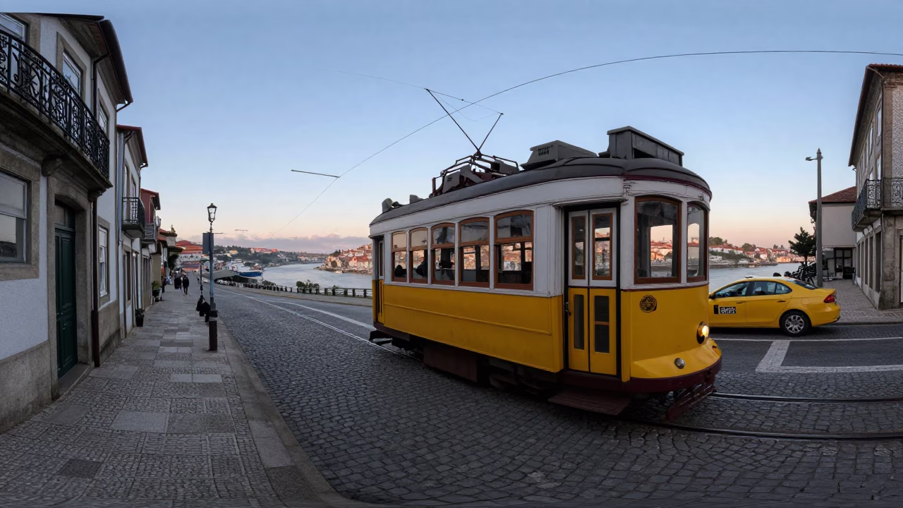 Porto 28 Route at Sunrise Light in in Porto, Portugal