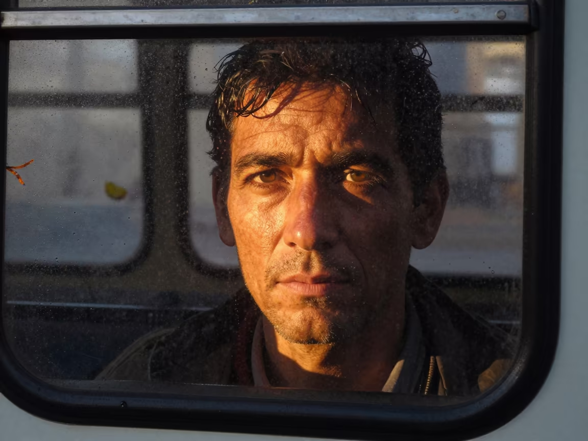 Porto Amboim Face Lit by Bus Window Rain in in Porto Amboim