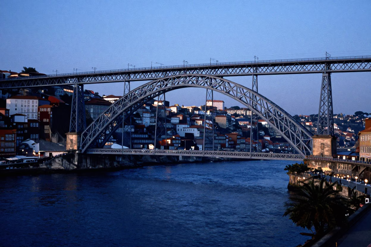 Porto Douro River And Dom Luis I Bridge at Blue Hour in in Porto, Portugal