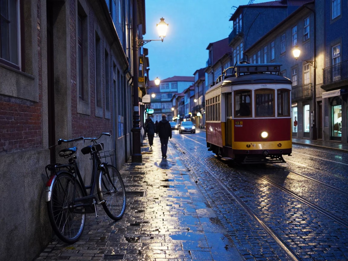 Porto Evening Street Scene with Vintage Bicycle and Tram Tracks in Blue Hour Light in in Porto, Portugal