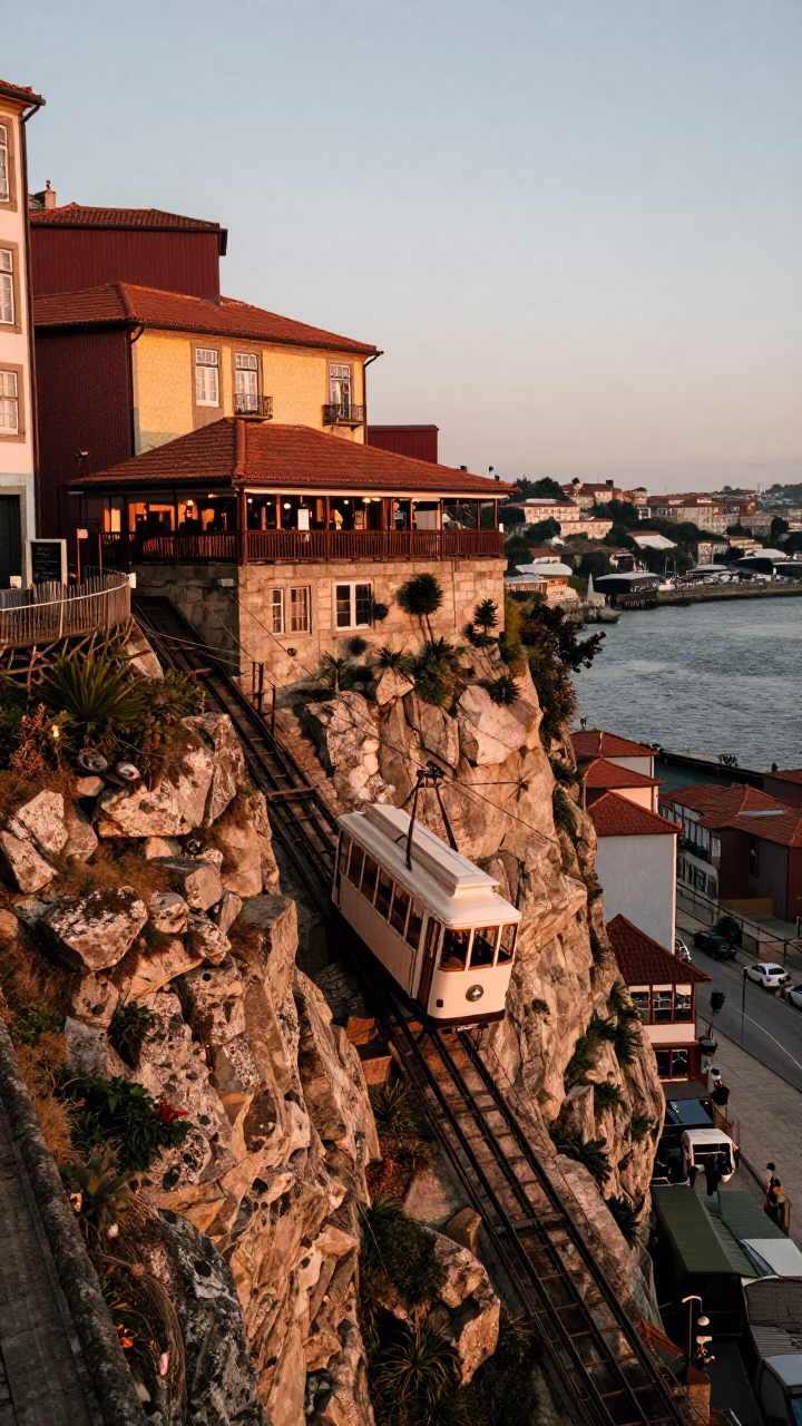 Porto Funicular Cliffside Restaurant And River in in Porto, Portugal