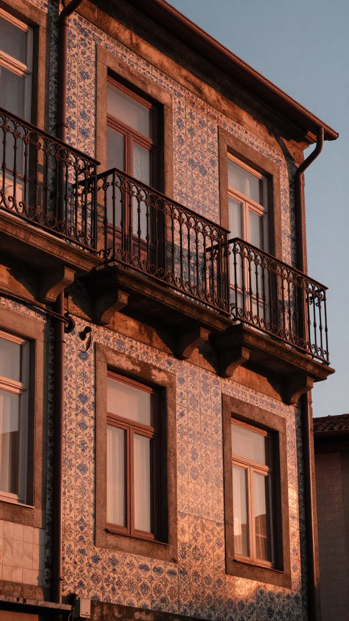 Porto Iron Balconies at Copper-toned Light Before Dusk in in Porto, Portugal
