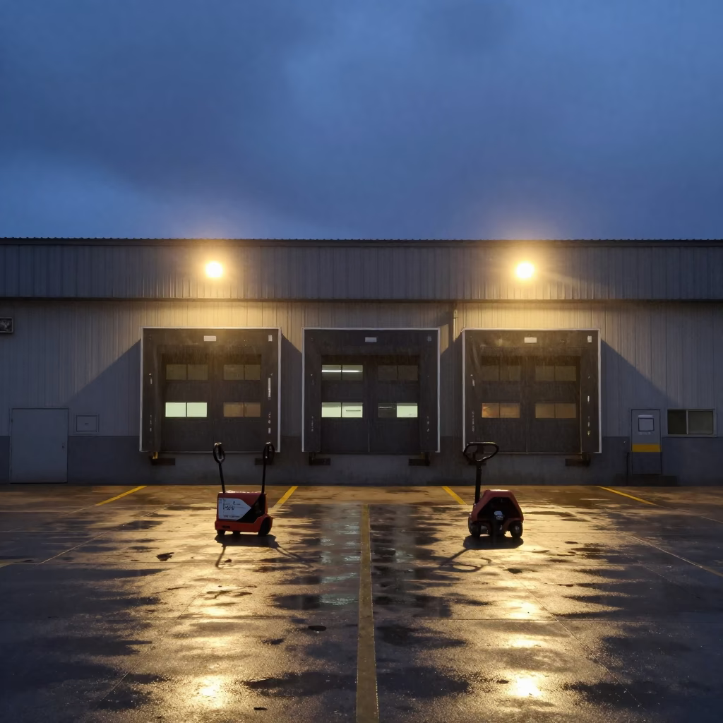 Porto Loading Dock Pallet Jacks in Indigo Twilight in beside a cross-dock lane under dock lights in Porto