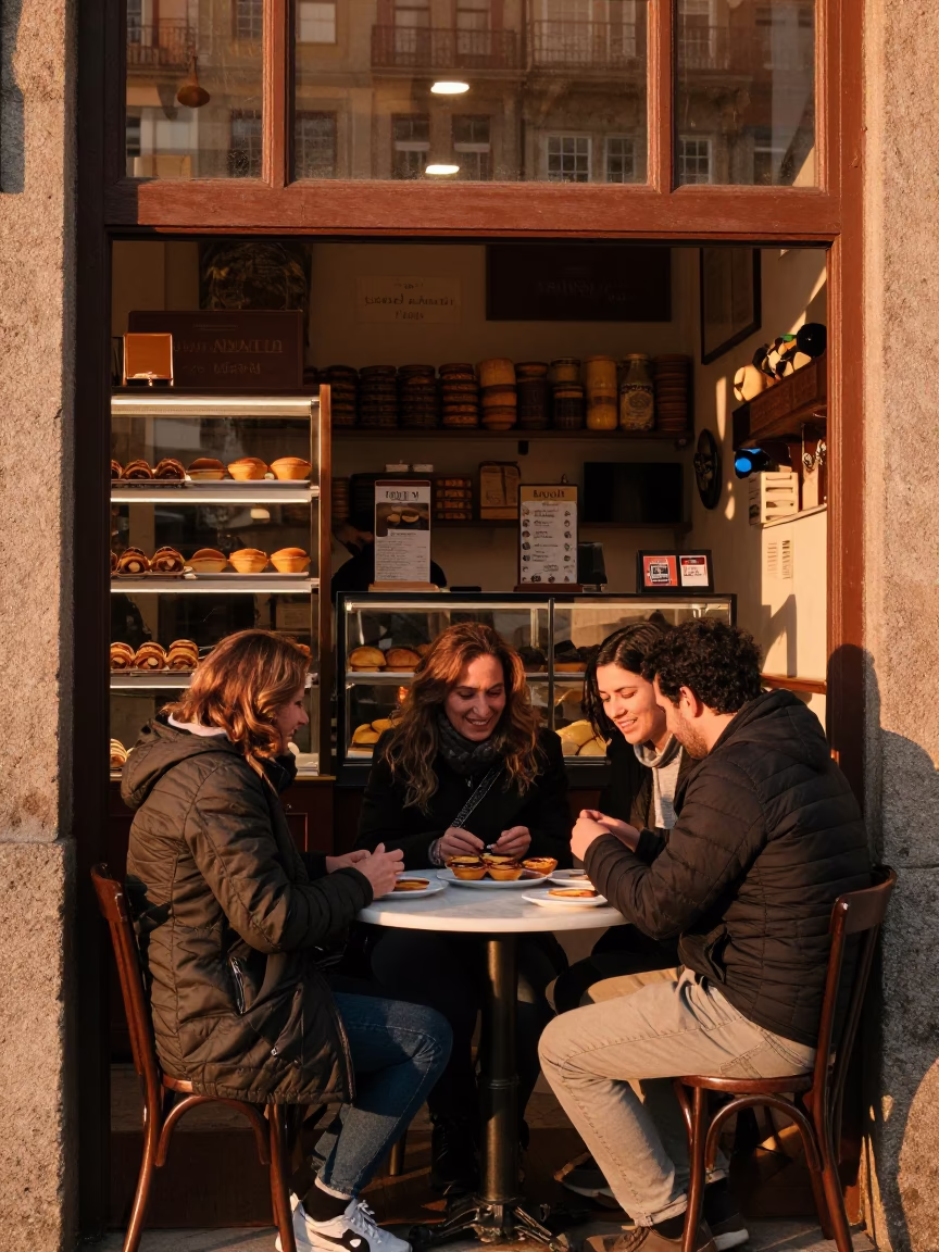Porto Locals Enjoying Pastel De Nata at Copper-toned Light Before Dusk in in Porto, Portugal
