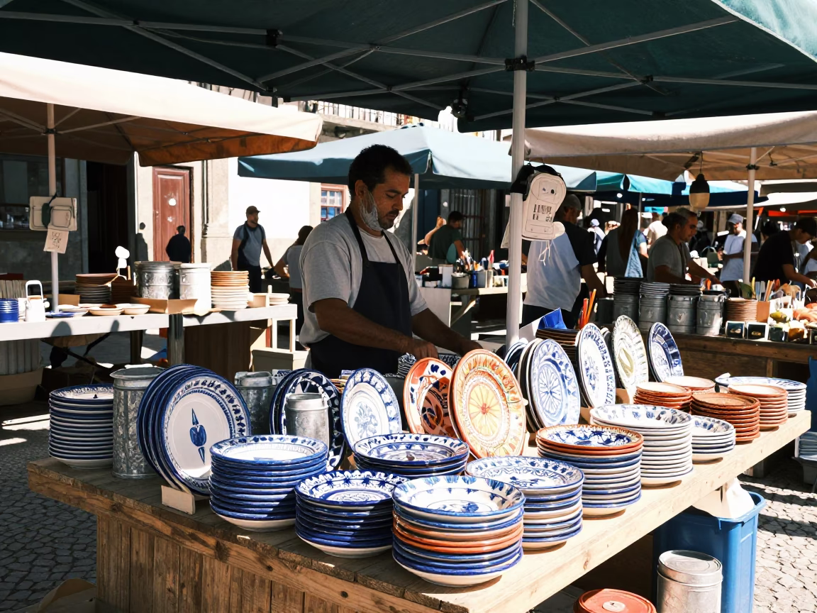Porto Market Stall at Bright Midmorning Light in in Porto, Portugal