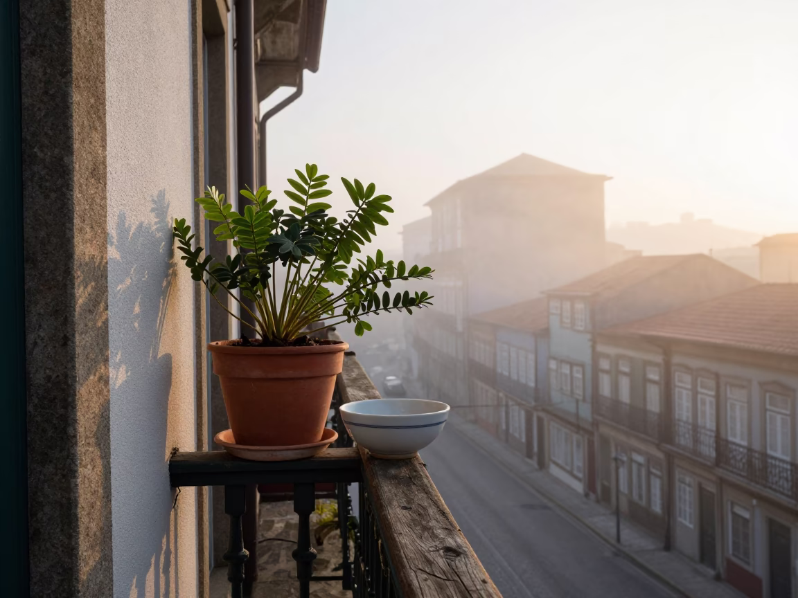 Porto Portugal Dawn Street Scene with Houseplant and Porcelain Bowl on Balcony in in Porto, Portugal