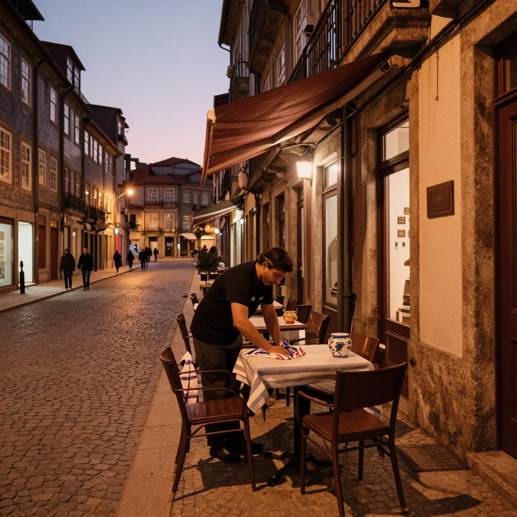Porto Portugal Dusk Street Scene with Striped Towel and Ceramic Cup in in Porto, Portugal