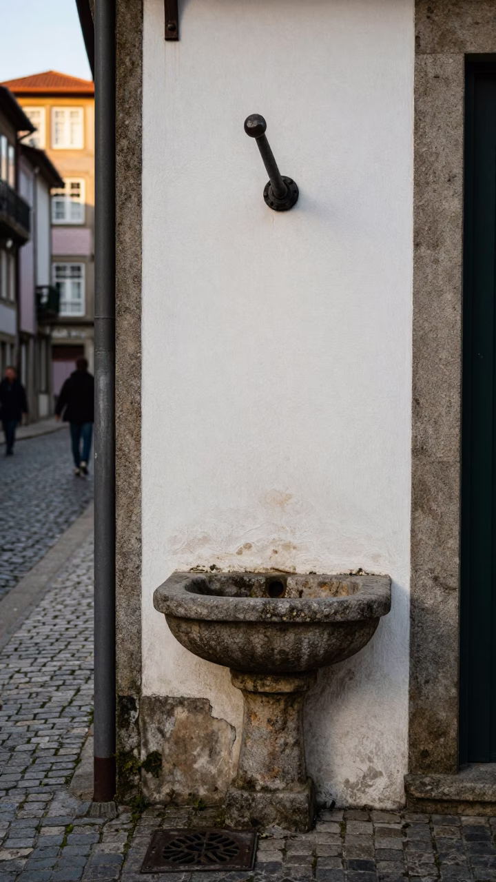 Porto Portugal Early Afternoon Street Scene with Hammered Metal and Wash Basin in in Porto, Portugal