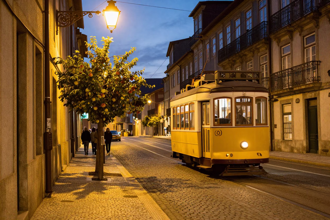 Porto Portugal Evening Street Scene with Nectarines and Tram in in Porto, Portugal