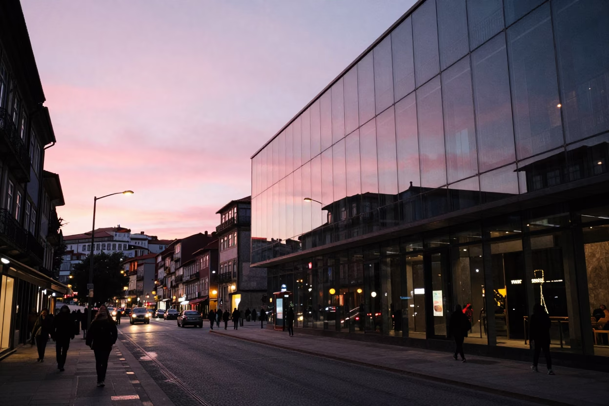 Porto Portugal Evening Street Scene with Pink Sky and Glass Architecture in in Porto, Portugal