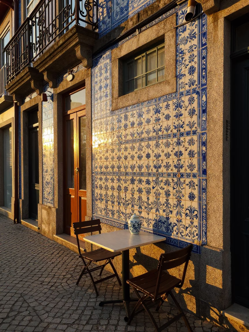 Porto Portugal Evening Street Scene with Traditional Azulejo Tiles and Local Dining in in Porto, Portugal