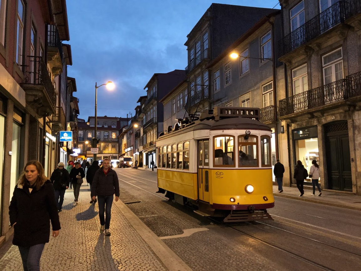 Porto Portugal Evening Street Scene with Tram and City Lights in in Porto, Portugal