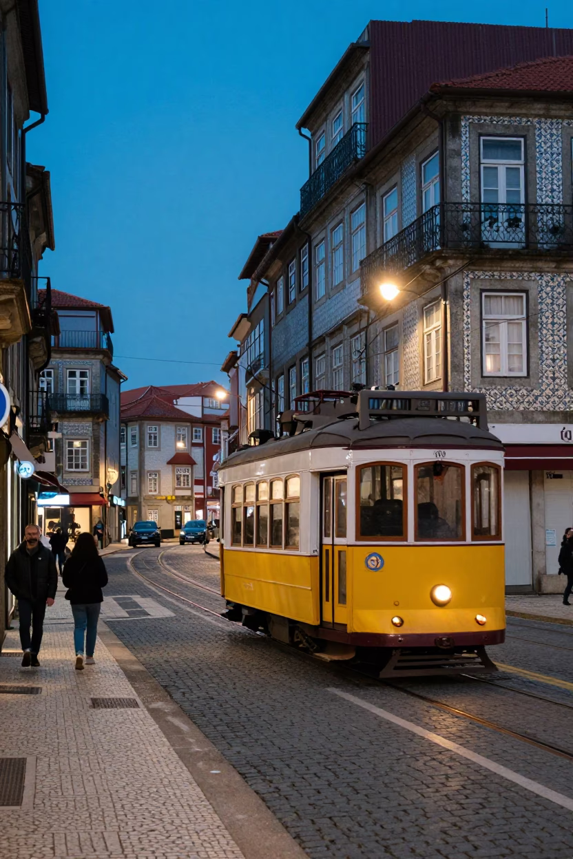 Porto Portugal Evening Street Scene with Tram and Historic Architecture in in Porto, Portugal