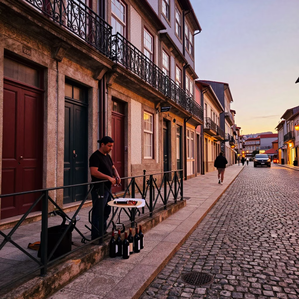 Porto Portugal Evening Street Scene with Wine Openers and Traditional Architecture in Copper Light in in Porto, Portugal