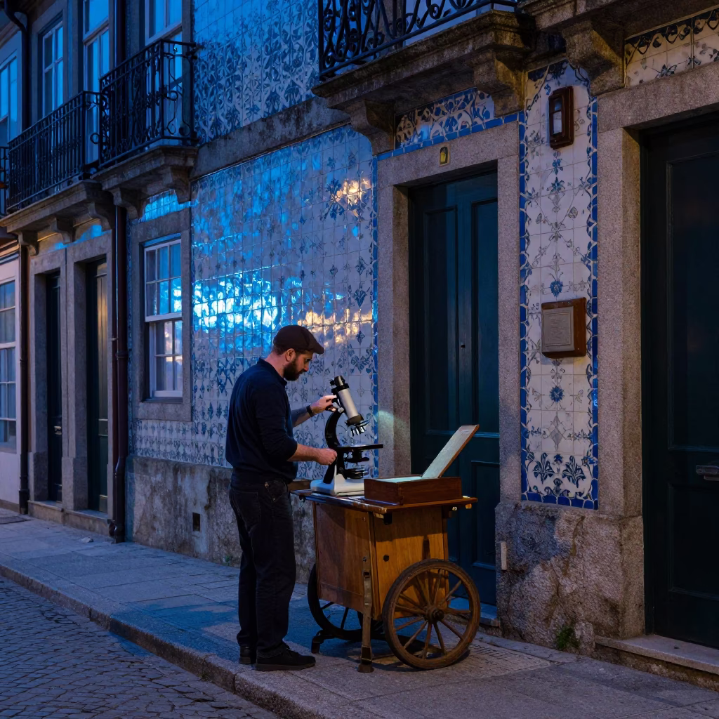 Porto Portugal Indigo Twilight Street Scene with Antique Microscope and Smudged Plaster Wall in in Porto, Portugal