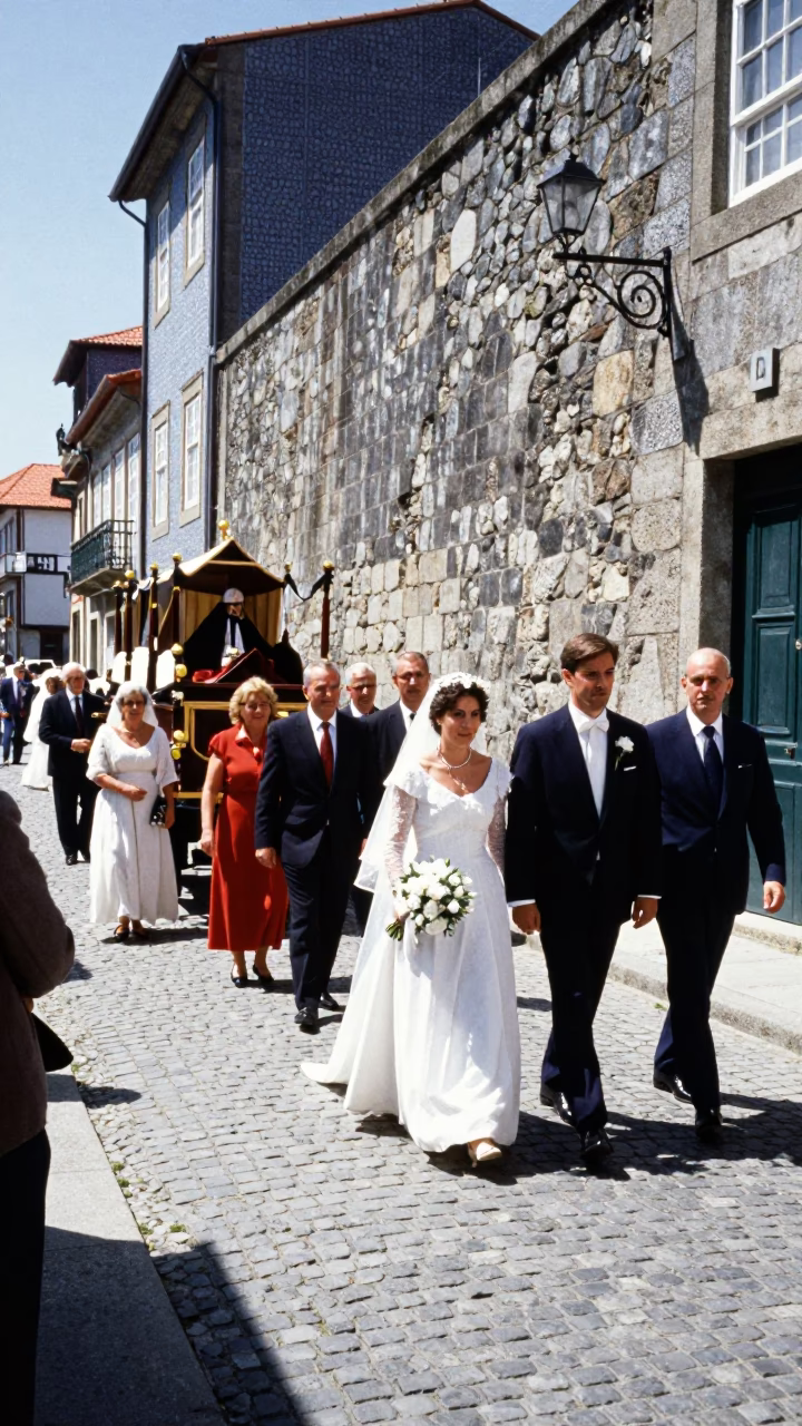 Porto Portugal Midday Street Scene with Traditional Wedding Procession Near Historic Bridge in in Porto, Portugal