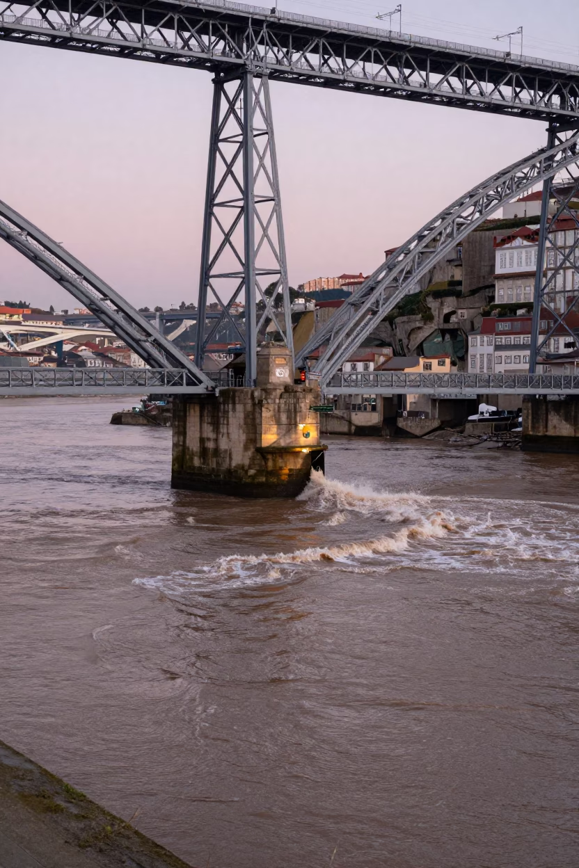 Porto Portugal Nautical Dawn Bridge Pier Cutwater Splitting Flood-Brown Current in in Porto, Portugal