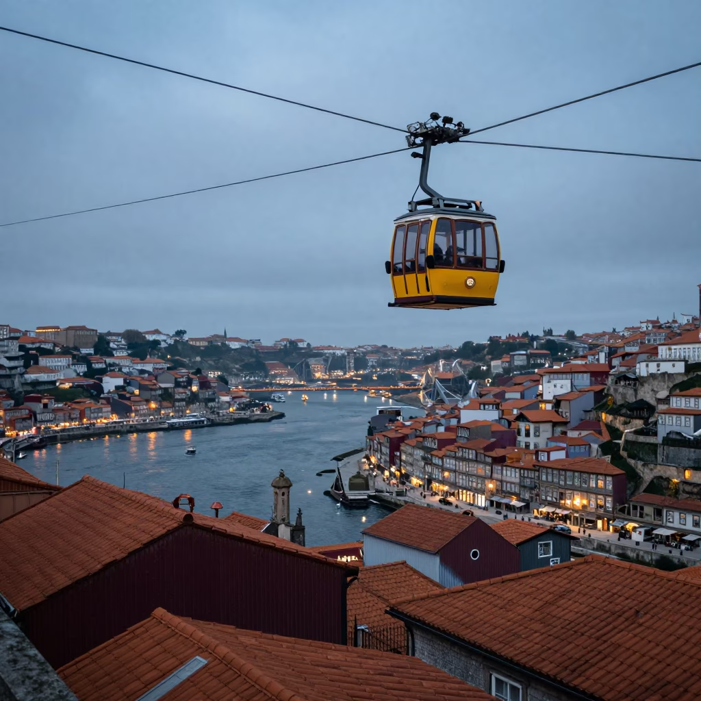 Porto Portugal Nautical Dawn Street Scene with Cable Car and Historic Architecture in in Porto, Portugal